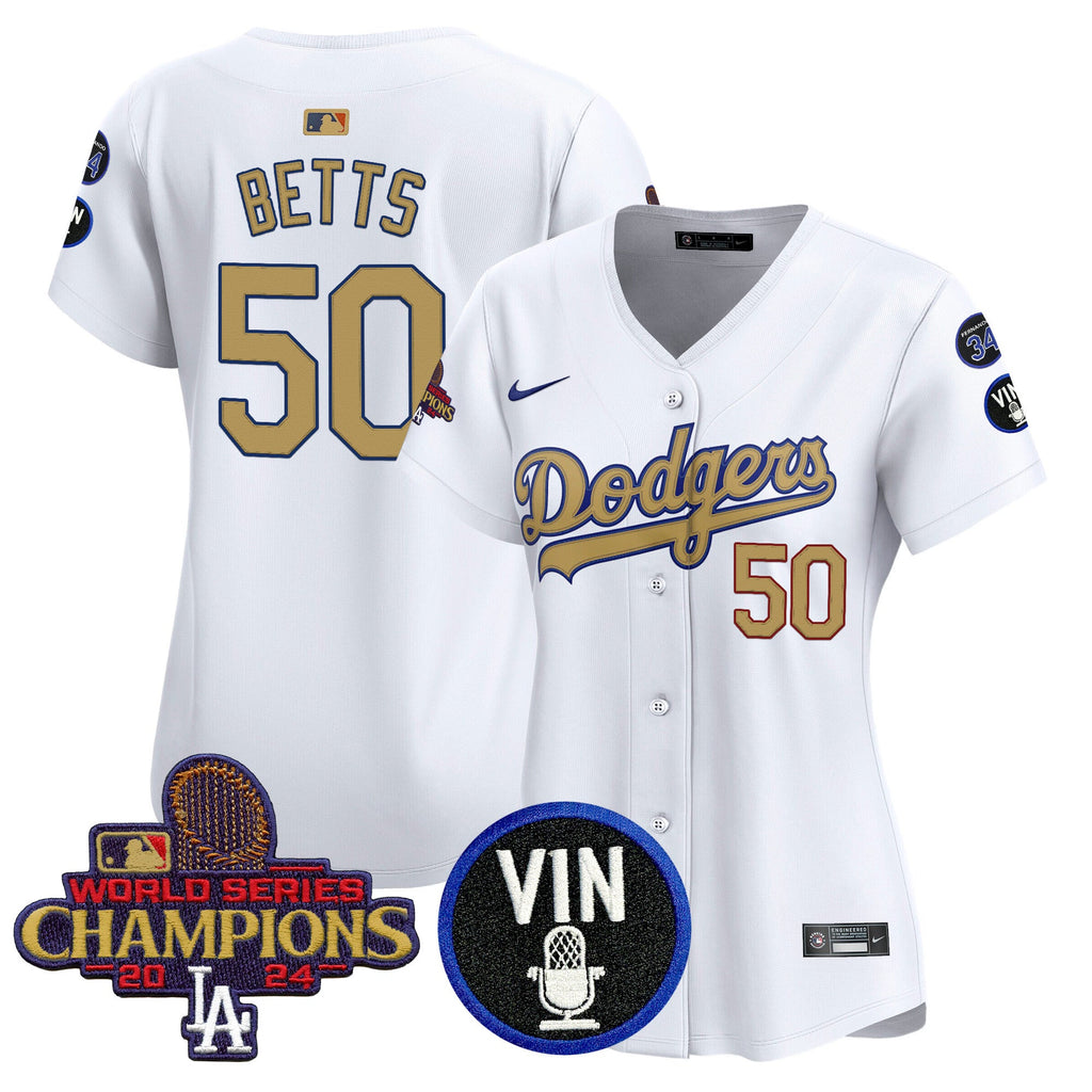 Women’s 2025 Vin Scully & #34 Fernando Patch Gold Vapor Premier Limited Jersey