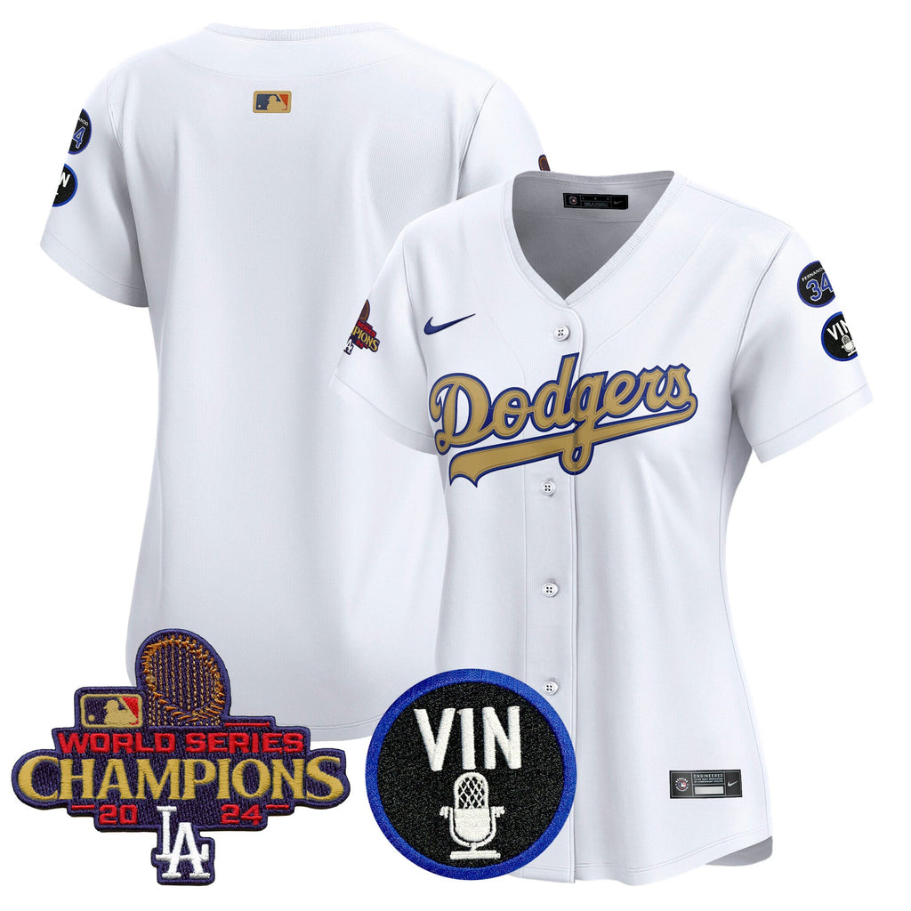 Women’s 2025 Vin Scully & #34 Fernando Patch Gold Vapor Premier Limited Jersey