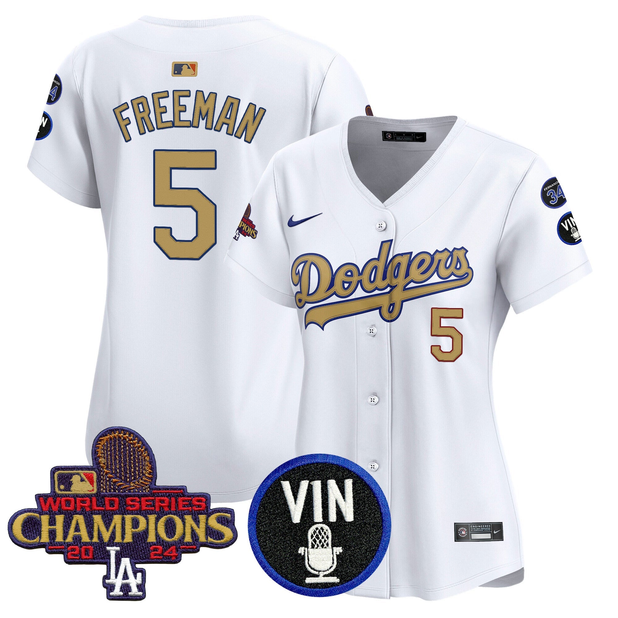 Women’s 2025 Vin Scully & #34 Fernando Patch Gold Vapor Premier Limited Jersey
