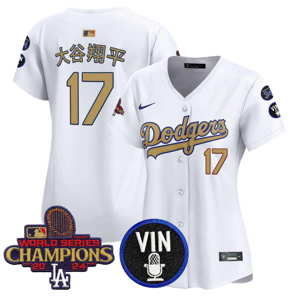 Women’s 2025 Vin Scully & #34 Fernando Patch Gold Vapor Premier Limited Jersey