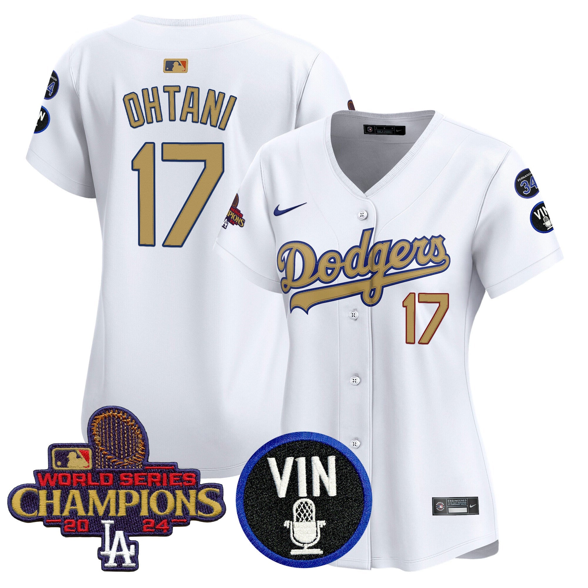 Women’s 2025 Vin Scully & #34 Fernando Patch Gold Vapor Premier Limited Jersey