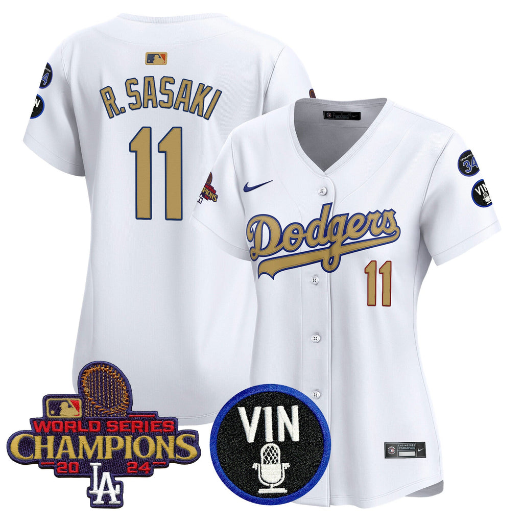Women’s 2025 Vin Scully & #34 Fernando Patch Gold Vapor Premier Limited Jersey